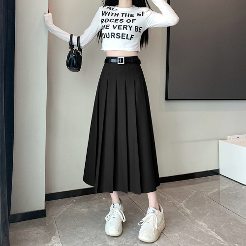 Real shot 2024 gray suit skirt small mid-length pleated skirt high waist slim drape A-line skirt