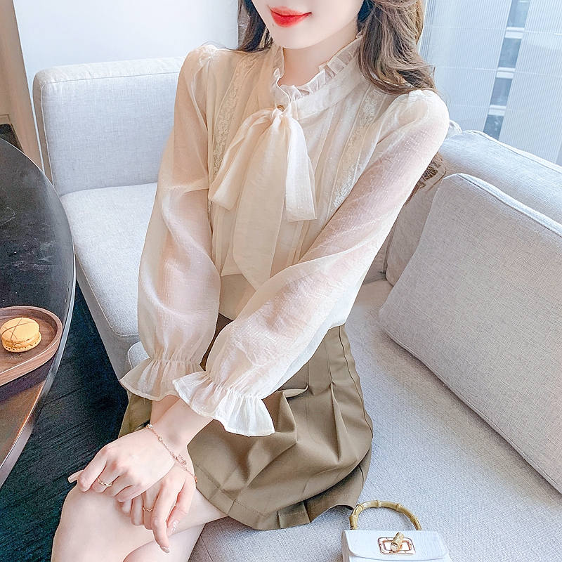 French style stand-up collar bow long-sleeved shirt for women autumn 2024 new design niche chiffon top