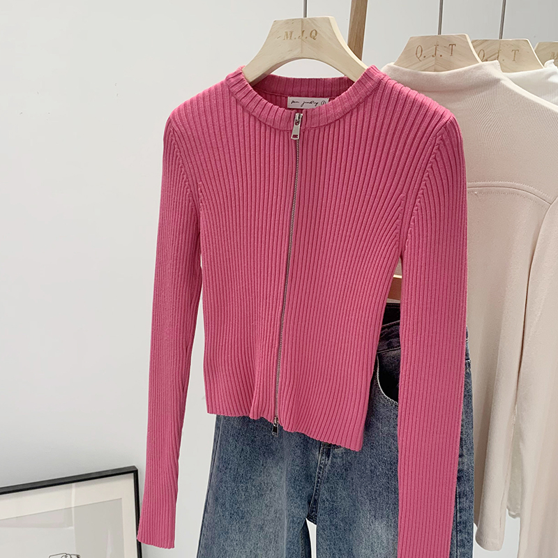 Actual pictures double zipper 2024 spring new style knitted cardigan women's slim slimming bottoming top for small people