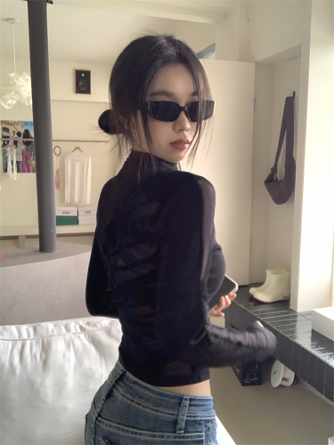 Real shot of half turtleneck mesh splicing bottoming shirt for women in autumn and winter with sexy design and pure lust top for hot girls