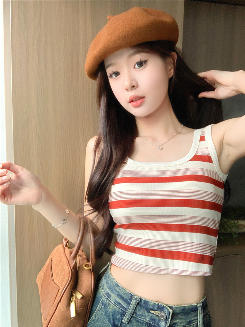 Actual shot~Spring style fashionable striped round neck vest for outer wear with breast pad hot girl short top