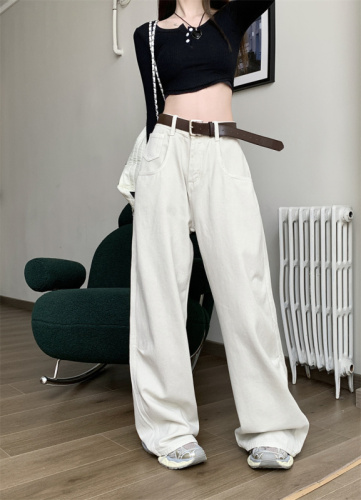 Actual shot of new high-waisted loose wide-leg versatile straight long jeans for women