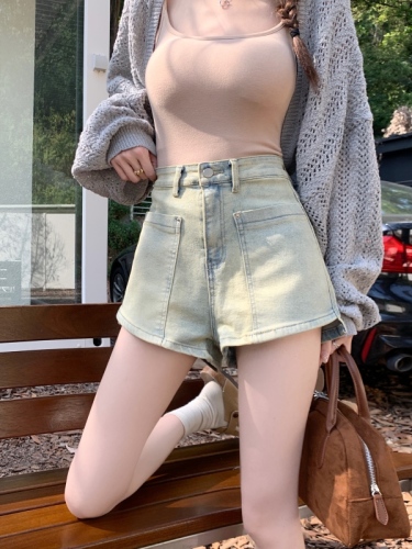 Real shot ~ hot girl irregular retro denim shorts women's new high-waist elastic slit A-line hot pants