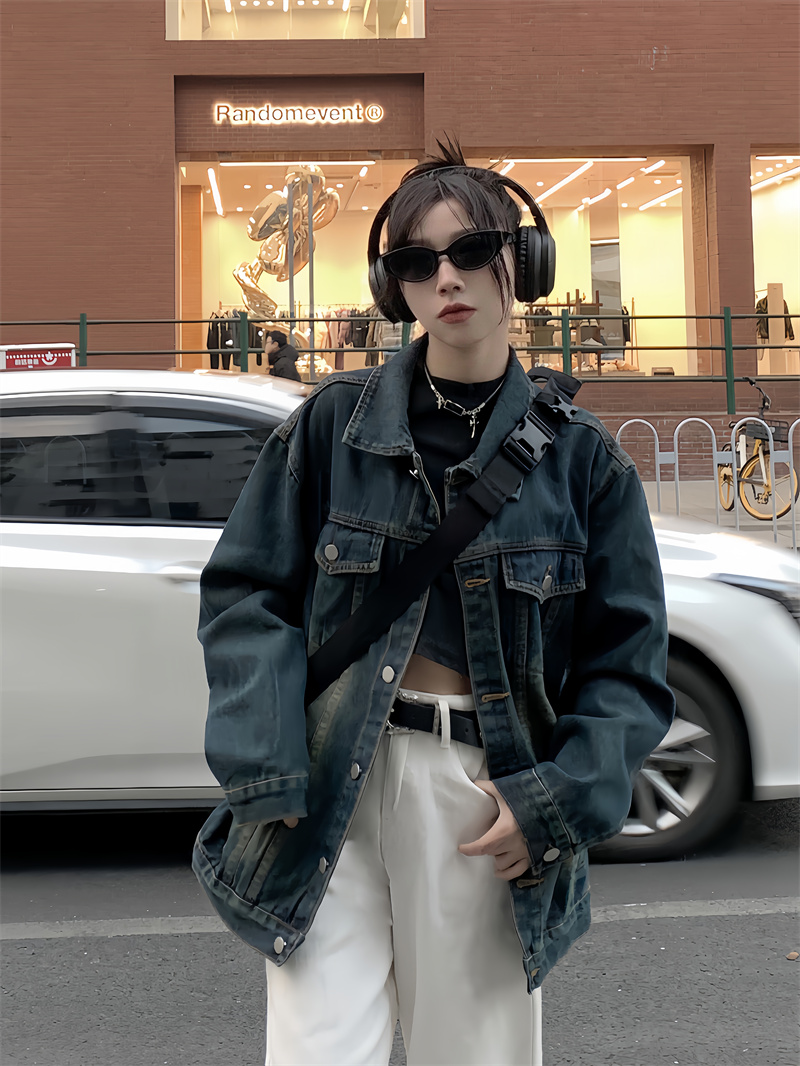 復古做舊牛仔外套女春秋季2024新款設計感寬鬆中長款長袖上衣潮