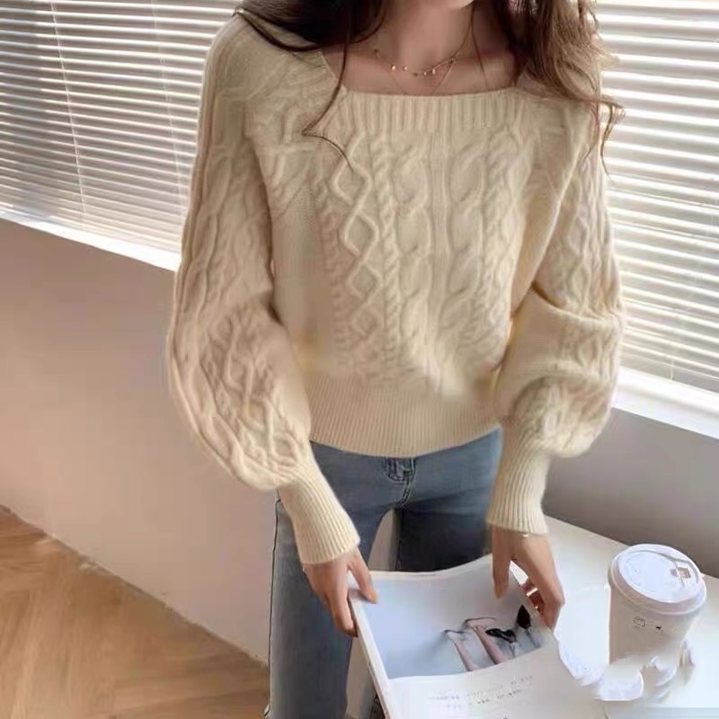 方領毛衣女鎖骨外穿短款冬季法式針織高級洋氣秋季上衣女打底衫潮