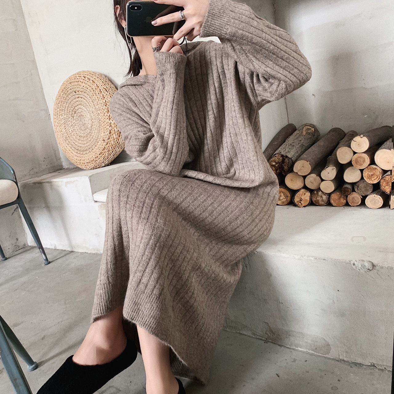 Korean style hooded over-the-knee knitted dress 2024 new loose woolen skirt bottoming long sweater skirt