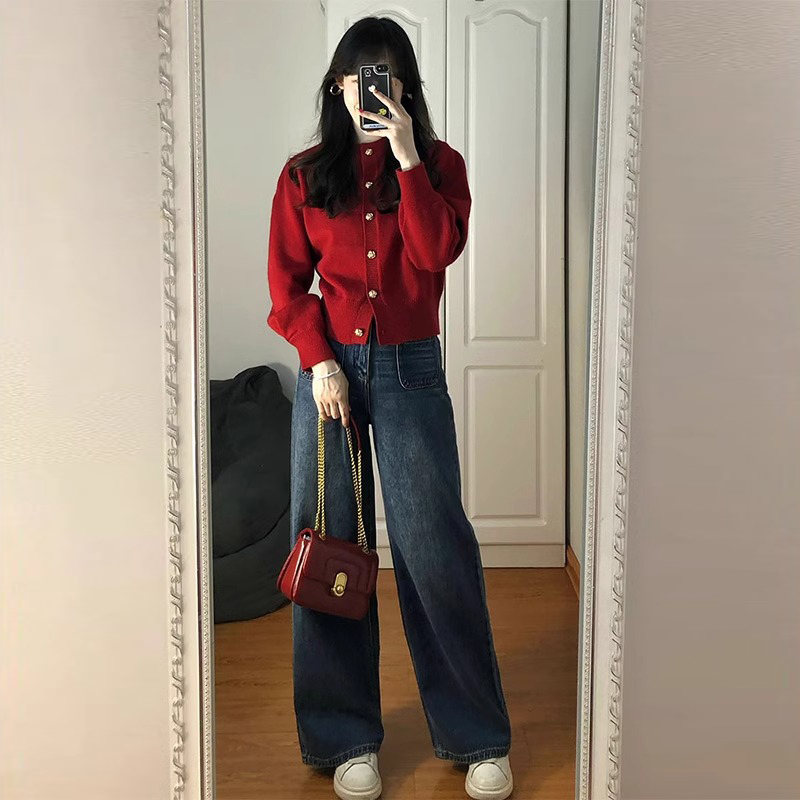 Retro New Year Outfit Red Zodiac Year Sweater Women's Autumn and Winter 2024 New Short Knitted Cardigan Jacket Top