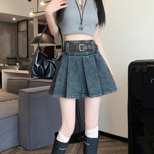 Actual shot of 2024 spring and summer new retro denim pleated skirt high-waisted slim A-line design skirt short skirt