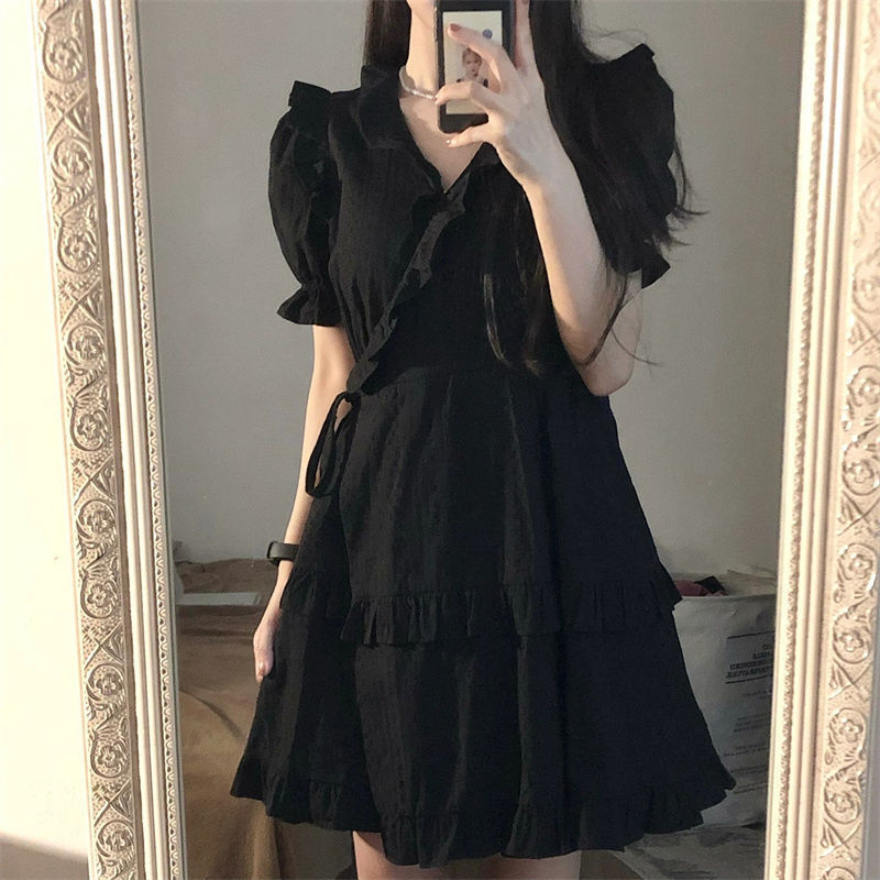 黑色仙女裙超仙小個子森系初戀裙子學院風娃娃領顯高顯瘦淑女收腰