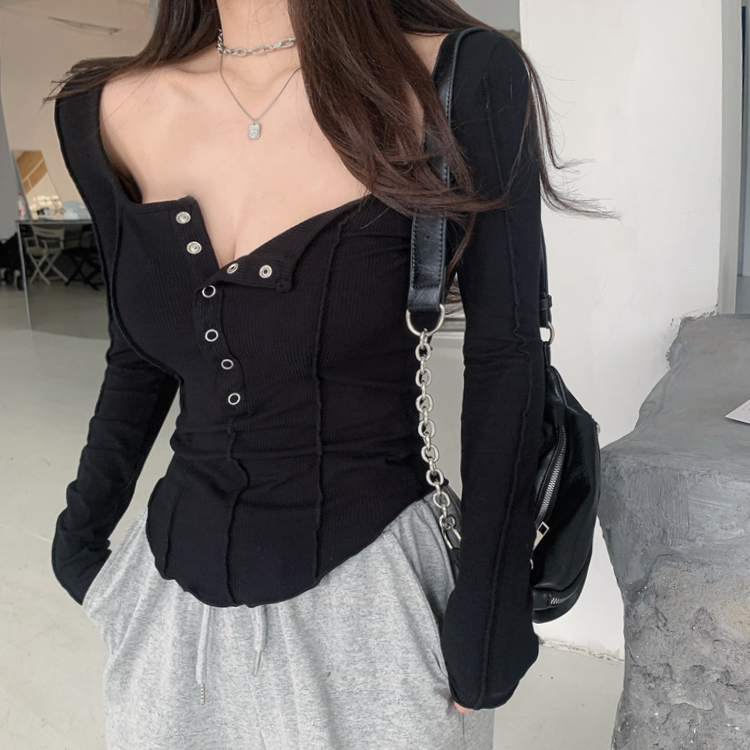 Plus size fat girl U-neck long-sleeved T-shirt women's spring and autumn new bottoming shirt with slim pure lust style chic top
