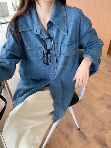 7666 Real shot retro denim shirt jacket women's spring Korean style loose long-sleeved shirt top