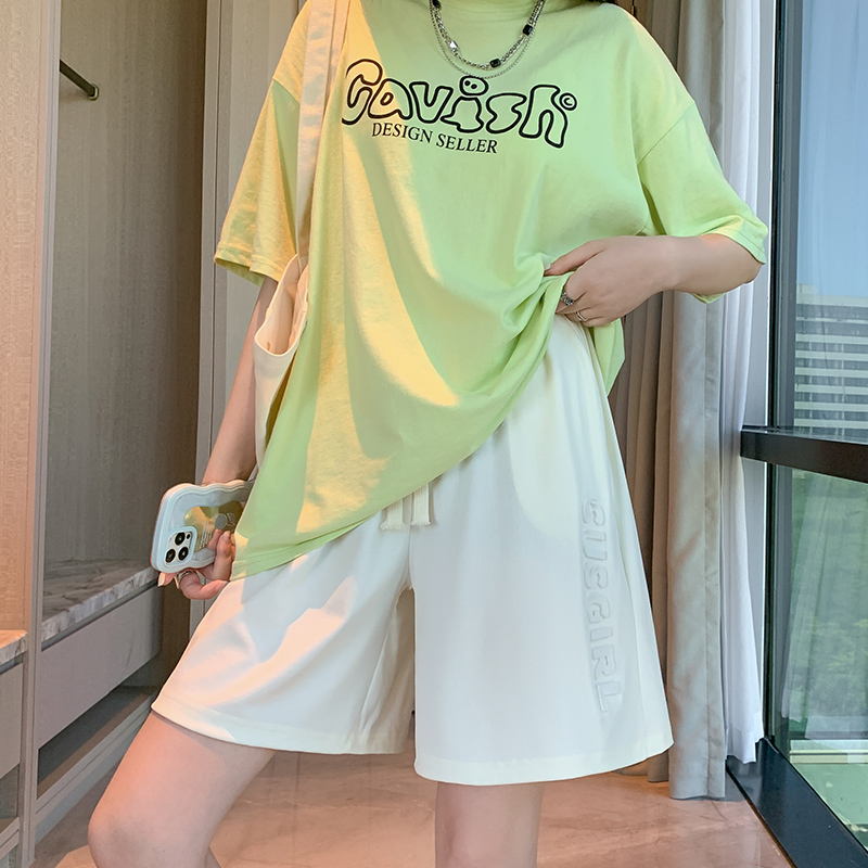 實拍 2024夏季新款高腰休閒中褲闊腿運動五分褲冰絲短褲大碼女裝