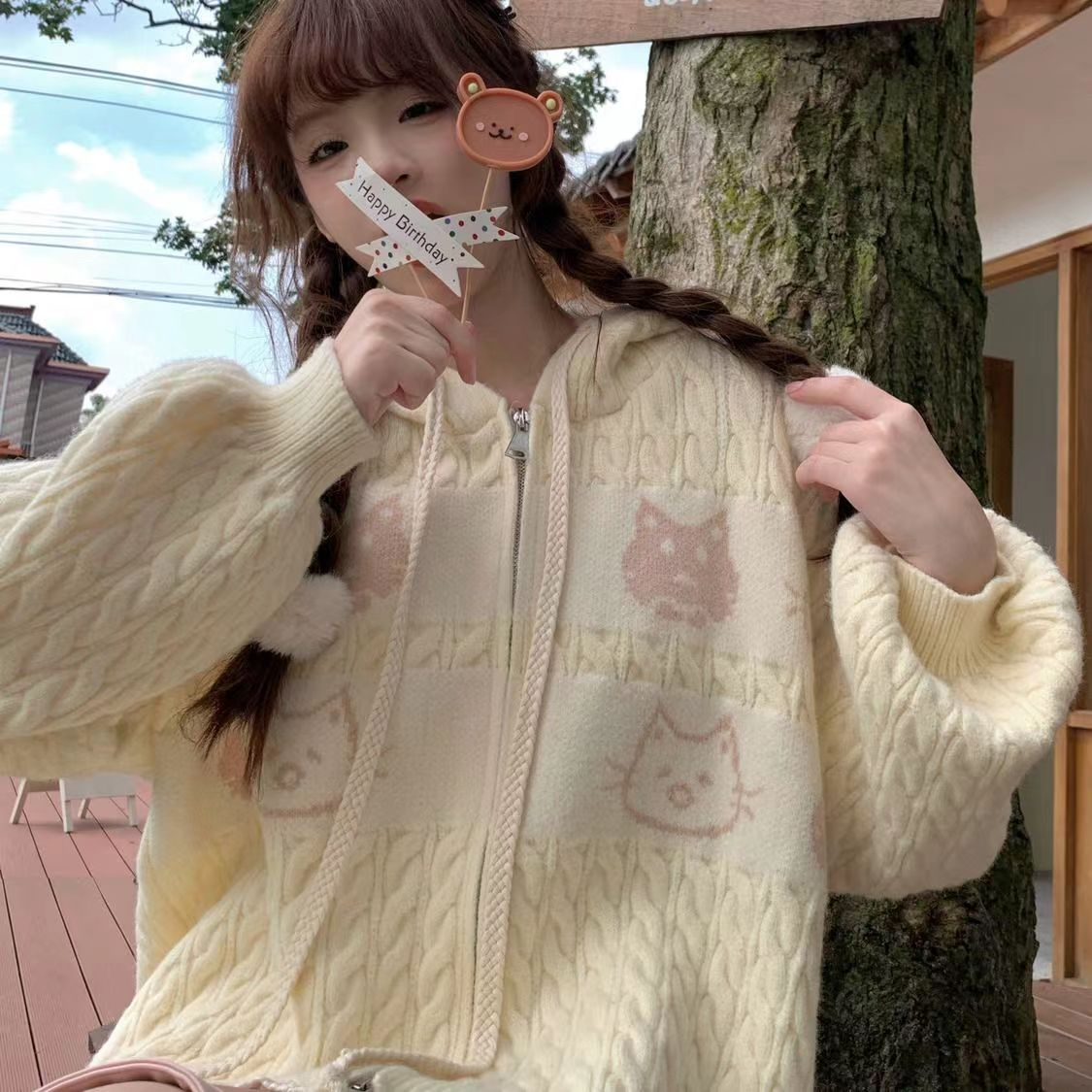 High quality sweet junior sister gray fake two-piece V-neck long-sleeved knitted cardigan for women preppy style sweater jacket