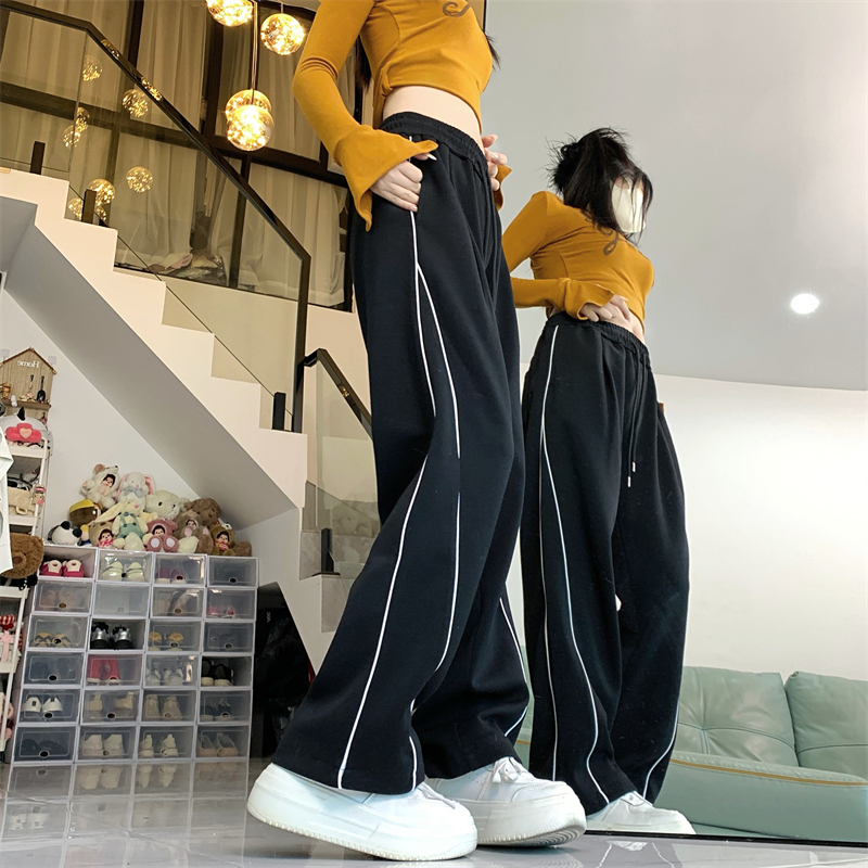 美式側邊條紋運動休閒褲女早春高腰寬鬆直筒慵懶風垂感闊腿褲