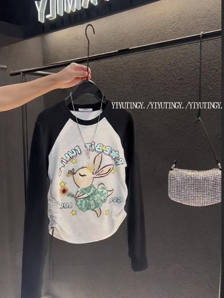 Little people wear bottoming shirt T-shirt women's summer new niche design color-blocked raglan sleeves drawstring lace-up top