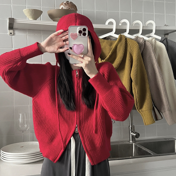 Hooded zipper knitted cardigan for women in autumn and winter new design lazy style sweater jacket petite short top
