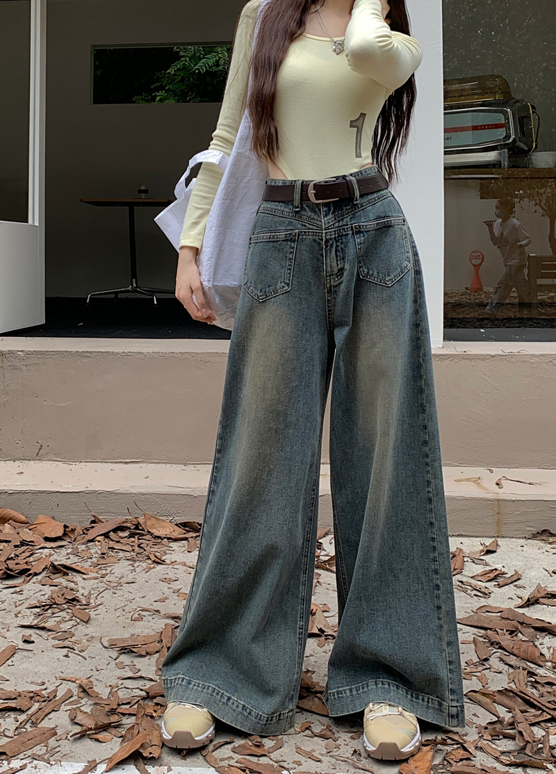 Actual shot of 2024 spring new women's high-waisted denim wide-leg pants slim nostalgic bucket pants without belt