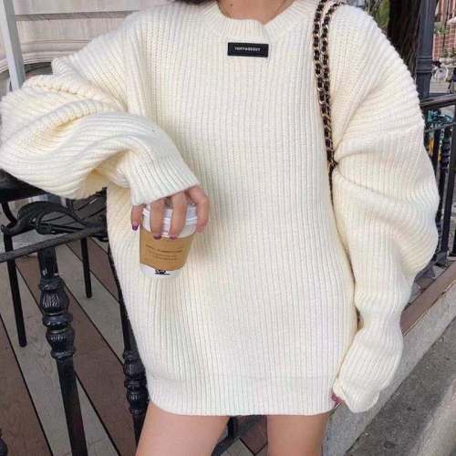 Autumn and winter new Internet celebrity pullover sweater women's thickened round neck label lazy style mid-length sweater top