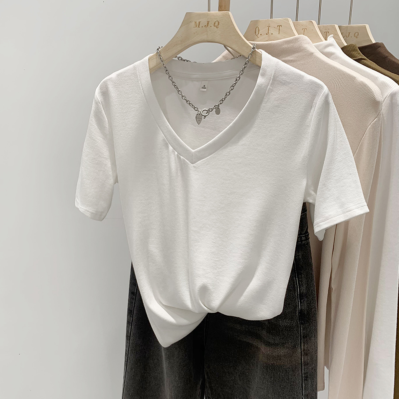 Actual pictures of spring and summer new basic solid color V-neck casual and versatile T-shirts