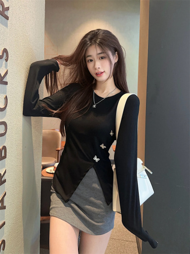 Real-life design, western style, age-reducing solid color T-shirt, pleated, irregular bow, slit bottoming shirt