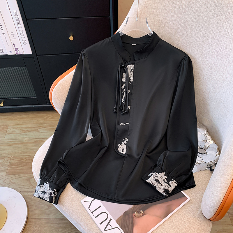 2024 Spring Festival New Satin Shirt Embroidered Retro Style Long Sleeve Women's Loose Tops Small Shirts Spring Clothes for Women