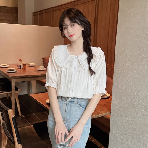 Real shot 2024 new short-sleeved shirt summer sweet doll collar white shirt women's design versatile top