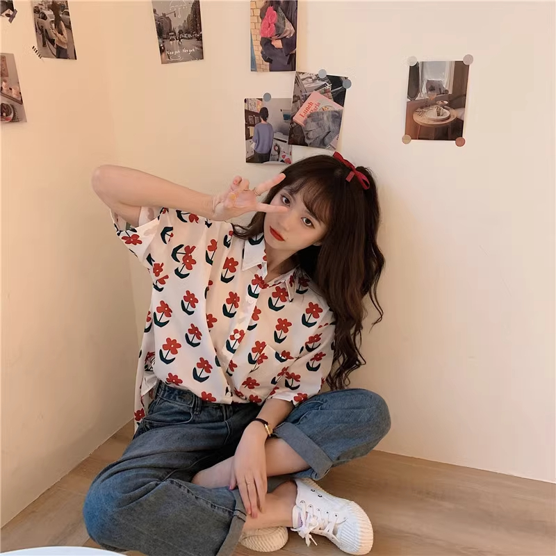 Real shot 2024 salt flower shirt short-sleeved Korean student design niche Harajuku bf style shirt