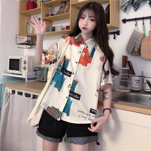 Real shot 2024 Korean style retro Harajuku style printed shirt suit collar loose short-sleeved shirt top for women