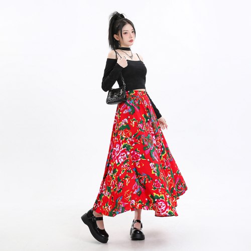 Northeast large flower high waist spring and summer long skirt for fat mm casual skirt loose and drapey slimming skirt