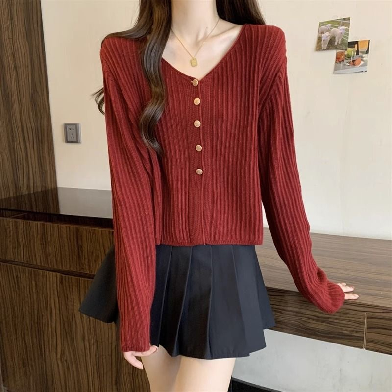 Autumn retro loose thin knitted cardigan for women gentle V-neck short casual sweater short versatile small coat