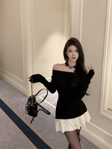 Real shot of autumn and winter niche black beveled one-shoulder stitching contrasting color knitted dress