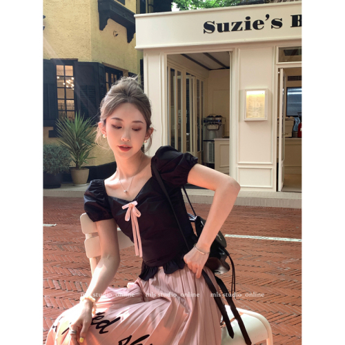 French black square neck bow-knot shoulder short-sleeved shirt for women summer puff-sleeved babydoll short clavicle top