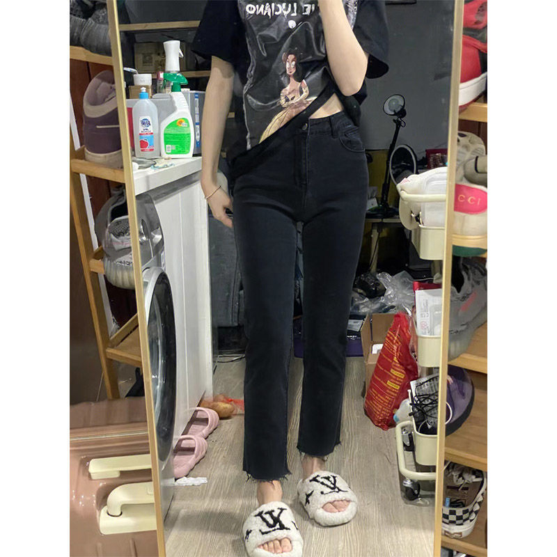 高腰黑色顯瘦九分牛仔褲女小個子毛邊煙管褲子胖mm大碼彈力直筒褲