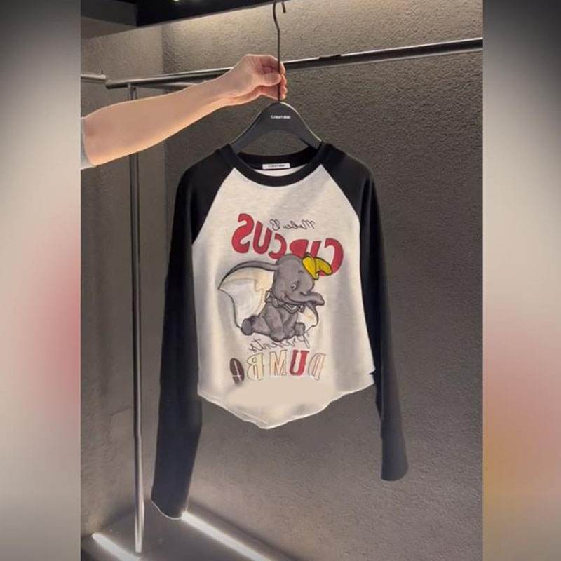 Embroidered Dumbo round neck long-sleeved t-shirt for women autumn and winter new pure cotton bottoming shirt with slim fit top