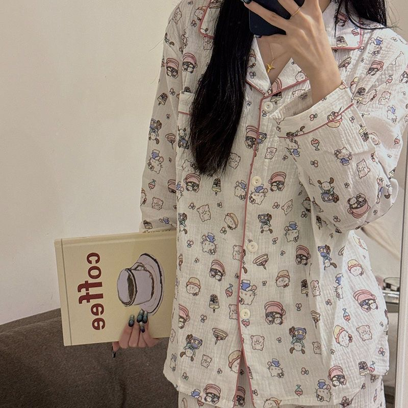 Spring and autumn pajamas for women 2024 new long-sleeved trousers ins cartoon casual home wear two-piece suit