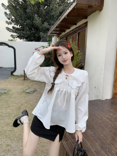 Real shot Korean version of retro sweet girl loose lace-up doll collar large size shirt 2024 spring new top