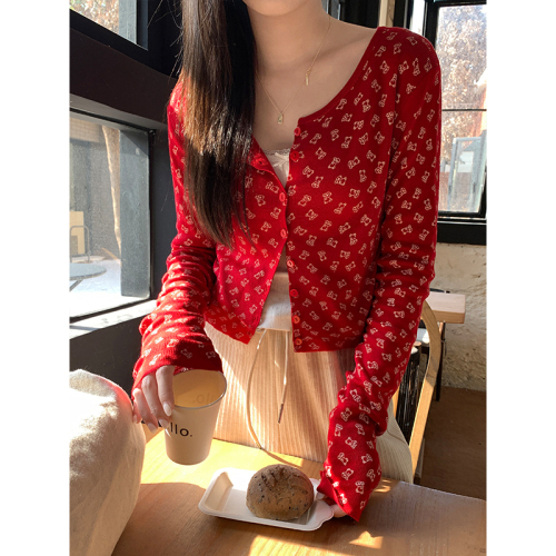 Actual shot of 2024 new New Year red pure lust style top for women sweet bear smiley print knitted cardigan