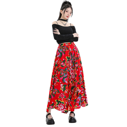 Northeast large flower high waist spring and summer long skirt for fat mm casual skirt loose and drapey slimming skirt