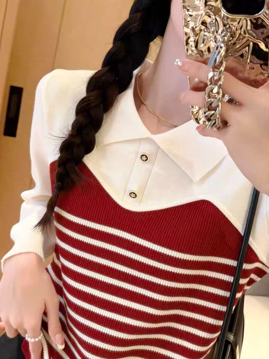 針織衫條紋上衣女年新款拼接雪紡袖子翻領撞色甜美氣質設計感