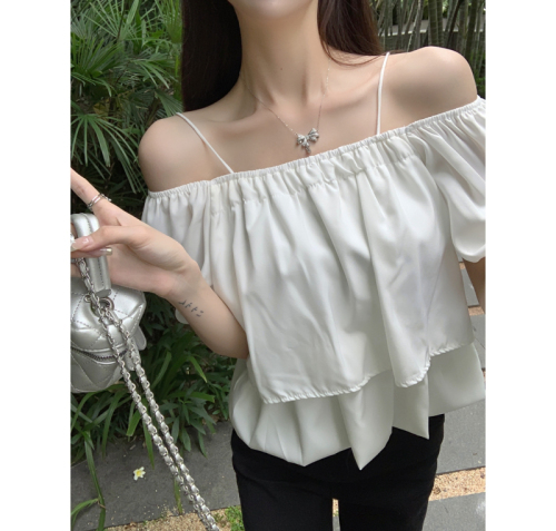 Real shot of one-shoulder suspender puff-sleeved babydoll shirt for women 2024 new style chic square collar short-sleeved shirt and top