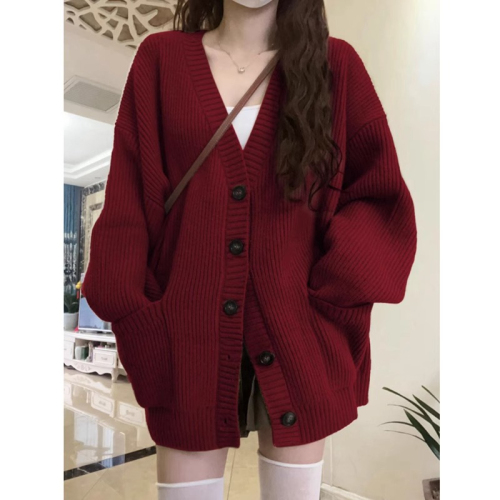 Red zodiac year sweater jacket for women 2024 spring new style retro lazy knitted cardigan loose v-neck top
