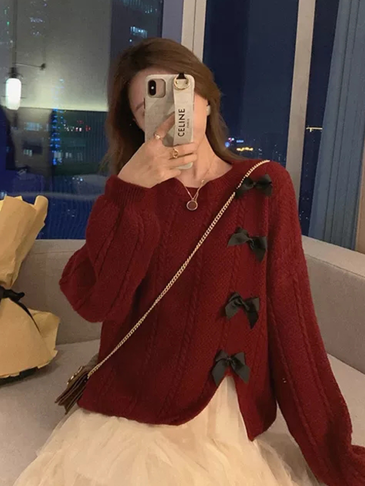 Bow sweater for women in spring and autumn, loose outer wear, lazy style, thickened knitted top, retro Japanese style, street trend