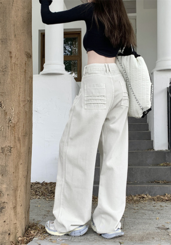 Actual shot of new high-waisted loose wide-leg versatile straight long jeans for women