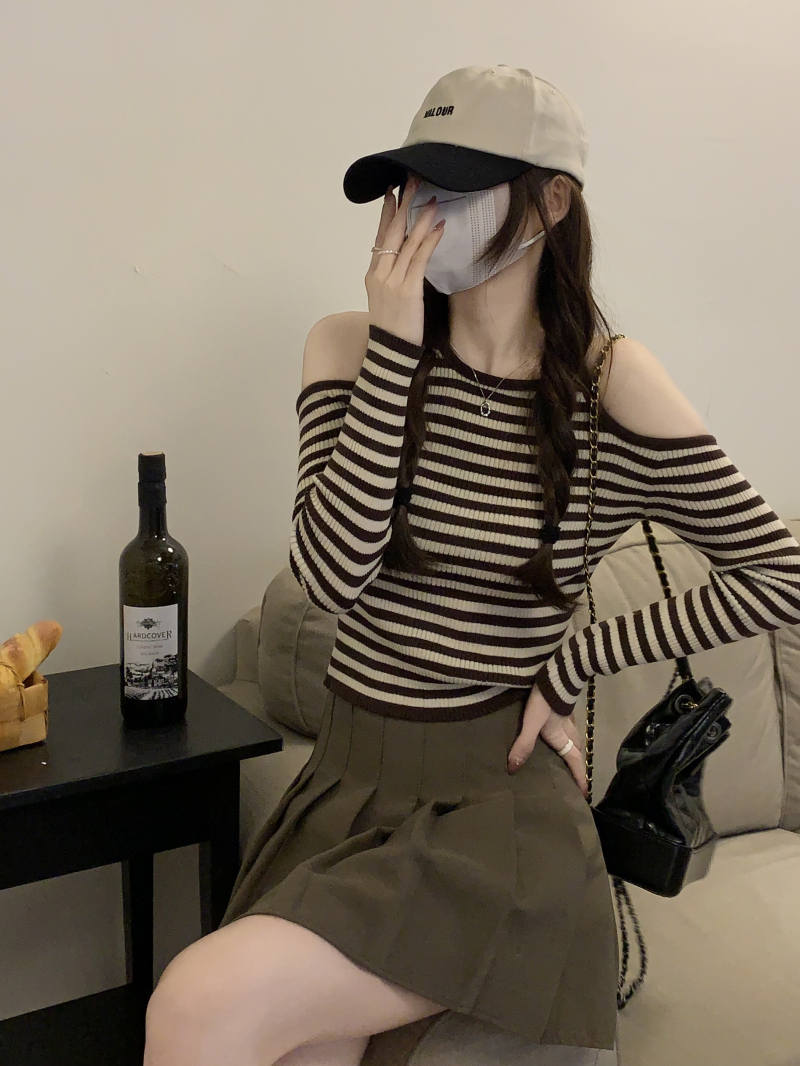 實拍~春季百搭辣妹條紋露肩掛脖修身顯瘦針織打底上衣