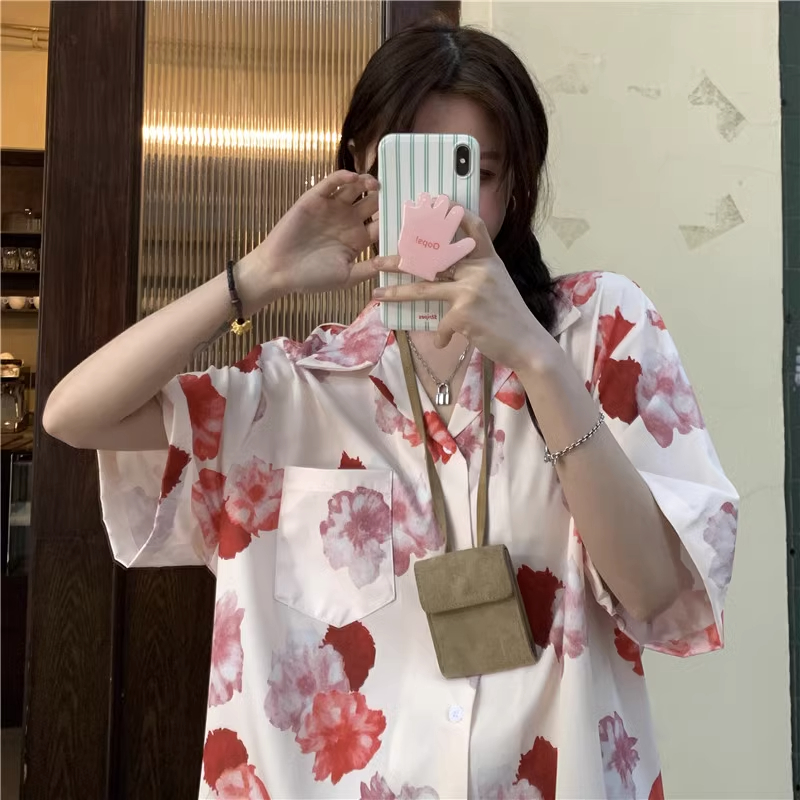Real shot 2024 floral all-over printed short-sleeved shirt Hong Kong style retro loose casual versatile lazy style shirt