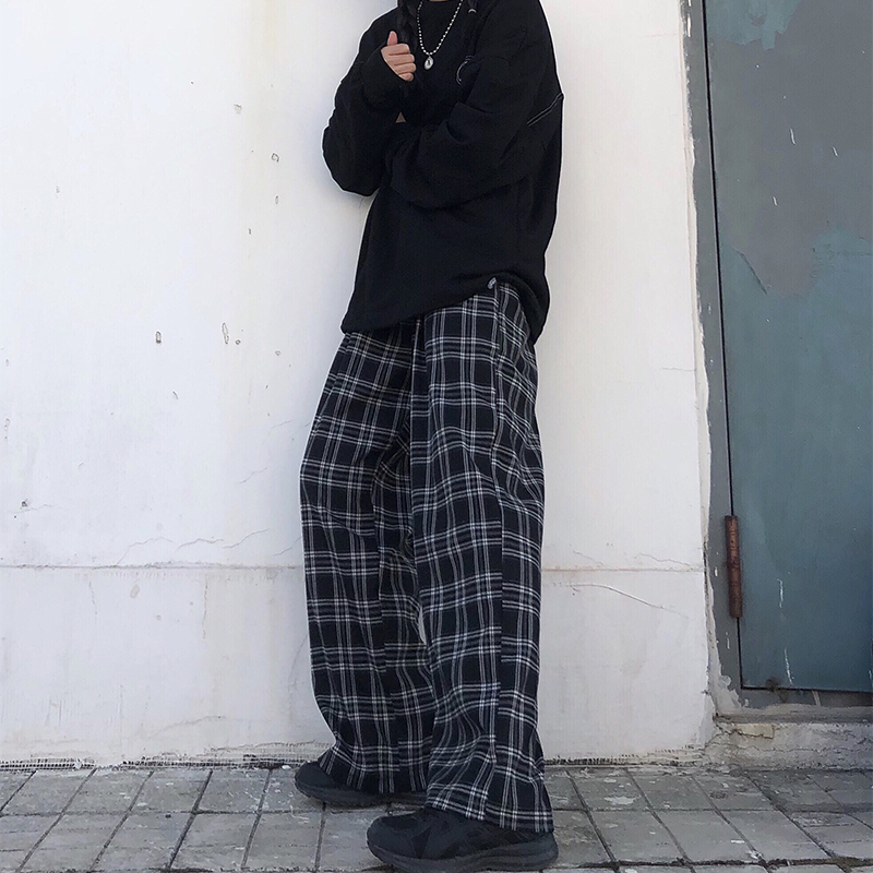 2024春夏韓版ins復古格子褲子寬鬆高腰休閒直筒闊腿長褲大碼女裝