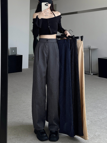 Actual shot of spring striped suit trousers, straight and loose, new high-waisted wide-leg trousers