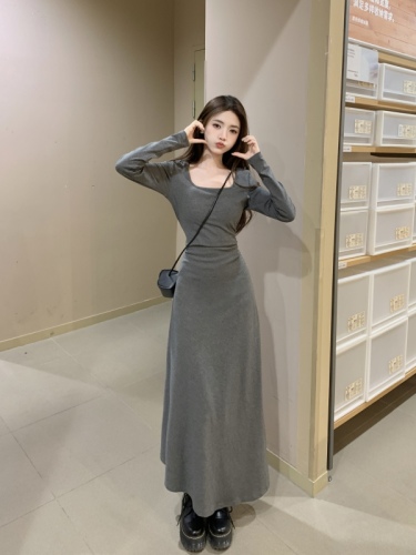 Real shot of plus size women's fat mm dress 2024 spring new French gray knitted bottoming hip long skirt