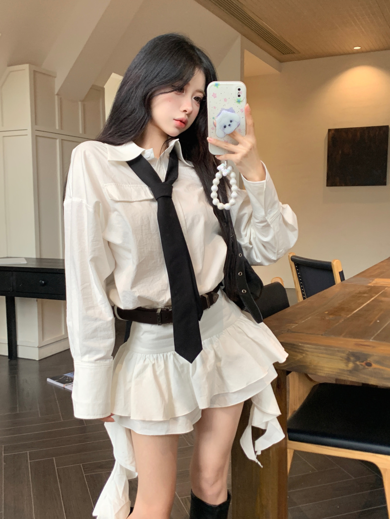 Real shot Cool Sa leader waist-cinching shirt dress women's design high-end skirt ruffles detachable