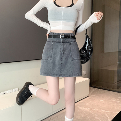 Actual shot of 2024 spring and summer new American retro workwear hot girl denim skirt high waist versatile A-line skirt